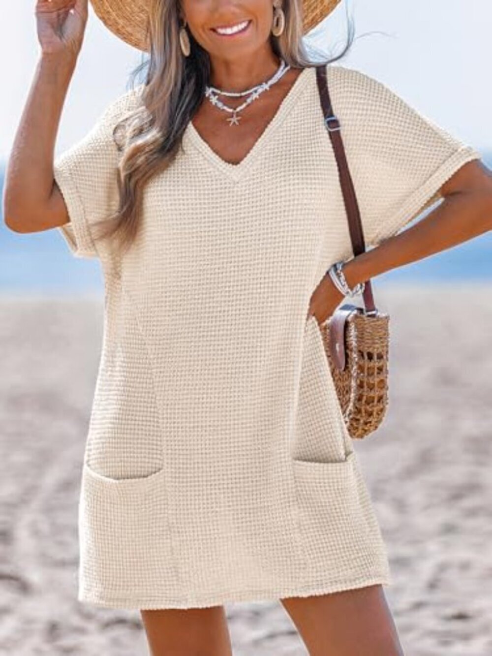 ๐ Swimsuit Coverup for Women Waffle Knit V Neck Short Sleeve Beach Coverup - Picture 6 of 6